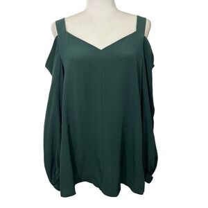 Tibi Women's Forest Green Silk Cold Shoulder V-Neck Long Sleeve Blouse Size 8